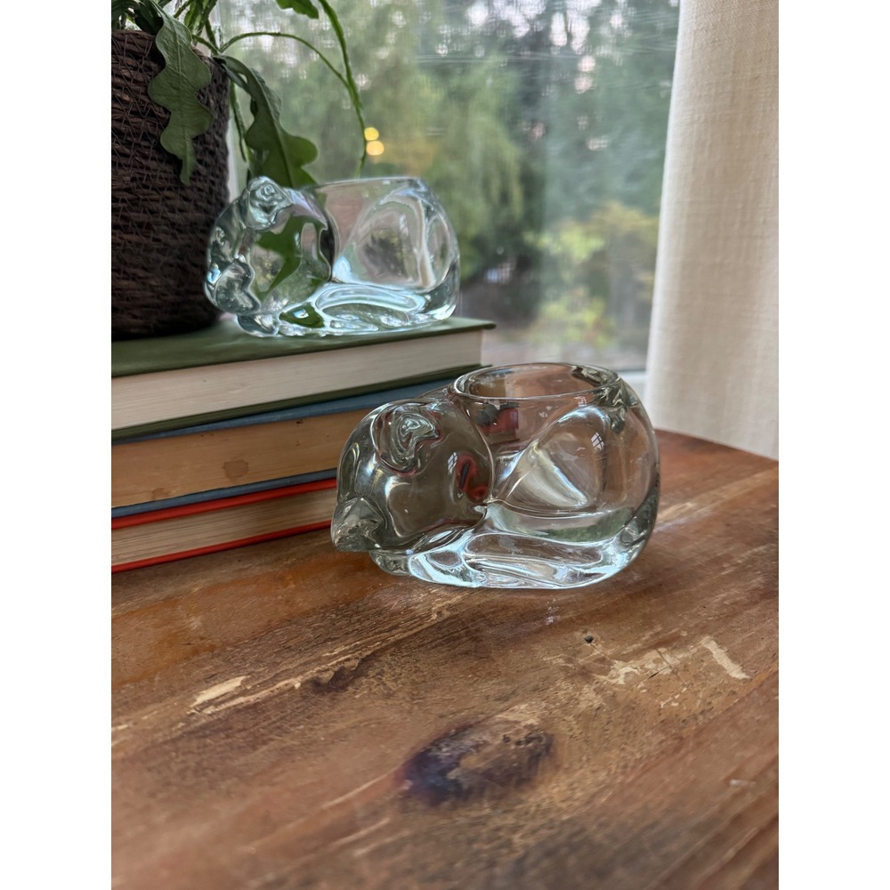 Vintage Indiana Glass Clear Sleeping Cat Votive Tea Light Candle Holders Set 2